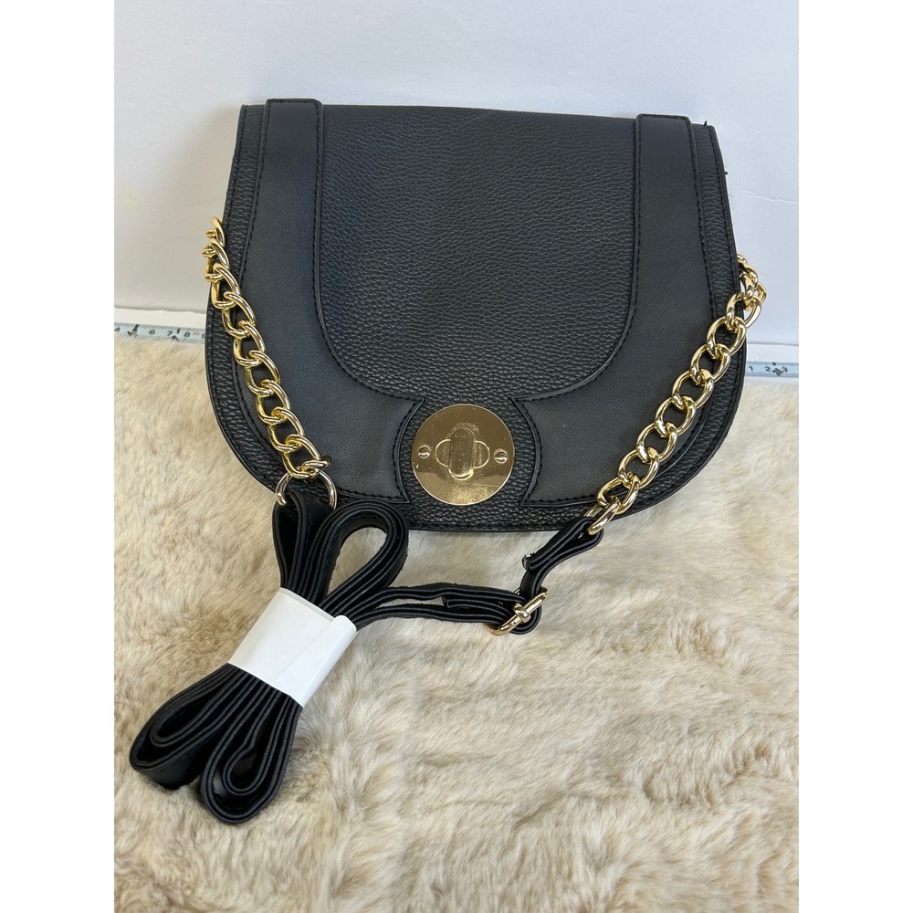 Black Faux‎ Leather Saddle Crossbody Bag Gold Ring Handle Turn Lock Closure